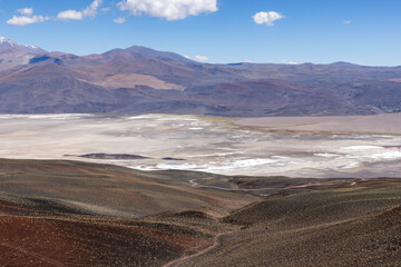 Fototapeta na wymiar Crossing the Andes from Antofagasta de la Sierra to Antofalla - stunning landscape around the salt desert Salar de Antofalla in the Puna highlands