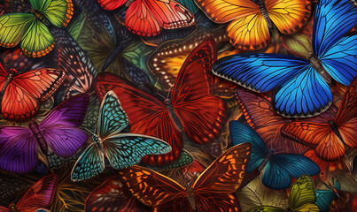  a group of colorful butterflies flying in the air with a black background.  generative ai