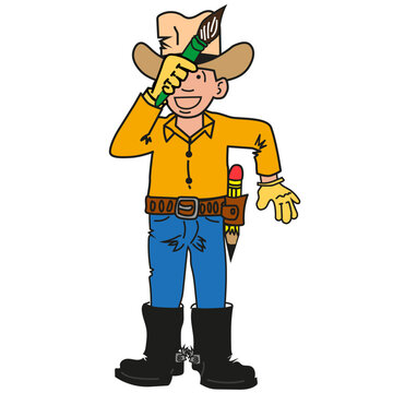 cartoon of a cowboy with a Brush, Vector de vaquero saludando con un pincel 