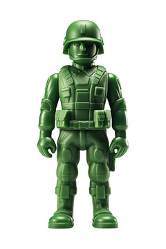 Green soldier plastic toy figure, isolated on white or transparent. Generative AI