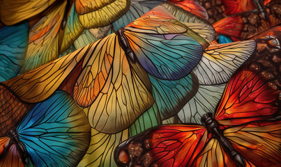  a close up of a bunch of colorful butterflies on a table.  generative ai