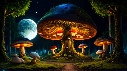 A beautiful mushroom forest at night