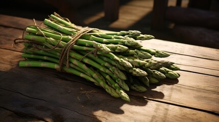 Agriculture harvest Food photography background - Ripe bunch of green asparagus on a dark wooden table (Generative Ai) - obrazy, fototapety, plakaty