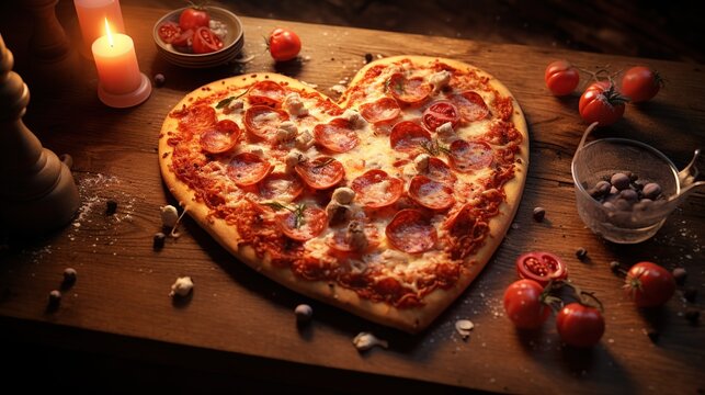 Pizza heart 3d realistic photo with ingredients and copy spase on vintage background ,Generative AI