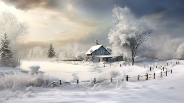 Painting of a beautiful winter landscape. Old cottage in snowy landscape, cinematic light.