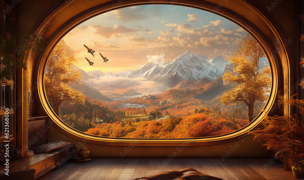 Aufkleber a window with a view of a mountain range and trees. generative ai