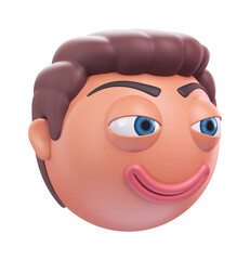 Emoji slightly smiling face of funny man. Cartoon smiley on transparent background. 3D render left view