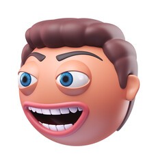 Emoji grinning face of funny man. Cartoon smiley on transparent background. 3D render right view