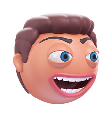 Emoji grinning face of funny man. Cartoon smiley on transparent background. 3D render left view