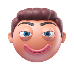 Emoji slightly smiling face of funny man. Cartoon smiley on transparent background. 3D render front view