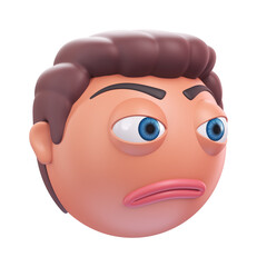 Emoji confused face of funny man. Cartoon smiley on transparent background. 3D render left view