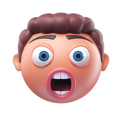 Emoji astonished face of funny man. Cartoon smiley on transparent background. 3D render front view