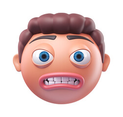 Emoji grimacing face of funny man. Cartoon smiley on transparent background. 3D render front view