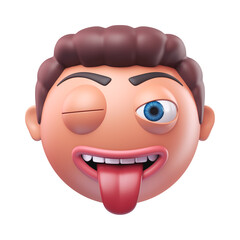 Emoji winking face with tongue of funny man. Cartoon smiley on transparent background. 3D render front view