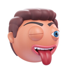 Emoji winking face with tongue of funny man. Cartoon smiley on transparent background. 3D render left view