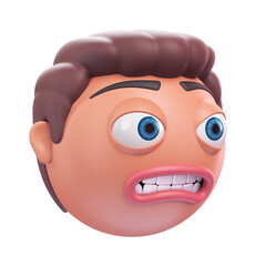 Emoji grimacing face of funny man. Cartoon smiley on transparent background. 3D render left view