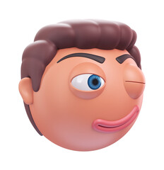 Emoji winking face of funny man. Cartoon smiley on transparent background. 3D render left view