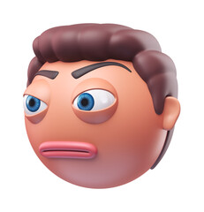 Emoji face with raised eyebrow of funny man. Cartoon smiley on transparent background. 3D render right view