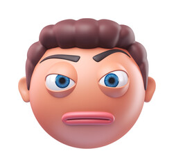 Emoji face with raised eyebrow of funny man. Cartoon smiley on transparent background. 3D render front view