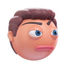 Emoji face with raised eyebrow of funny man. Cartoon smiley on transparent background. 3D render left view