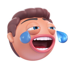 Emoji face with tears of joy of funny man. Cartoon smiley on transparent background. 3D render left view
