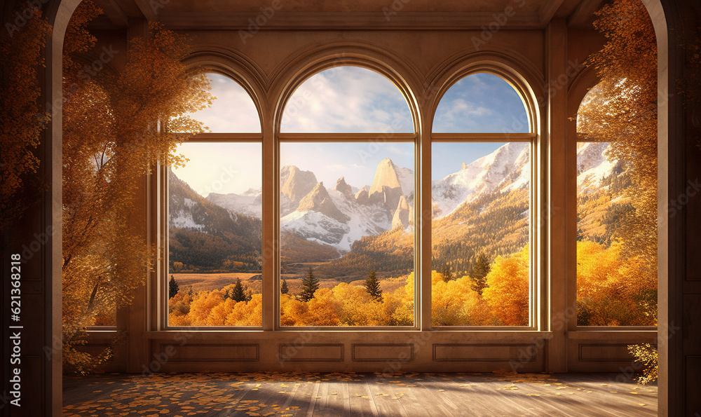 Poster a window with a view of a mountain range outside of it. generative ai
