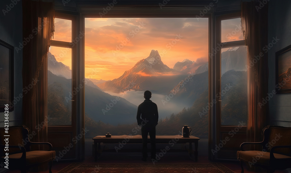 Poster a man standing in front of a window looking out at mountains. generative ai