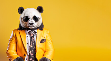 Fototapety  Cool looking panda bear wearing funky fashion dress - jacket, tie, glasses. Wide banner with space for text at side. Stylish animal posing as supermodel. Generative AI
