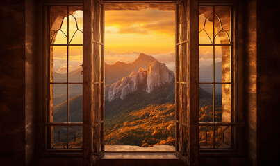  an open window with a view of a mountain and trees.  generative ai