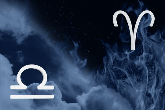 S&iacute;mbolos astrol&oacute;gicos Aries- Libra sobre fondo alusivo a su elemento (fuego y aire), opuestos complementarios. Hor&oacute;scopo y predicciones. Astrolog&iacute;a. Zod&iacute;aco. Nodos lunares y eclipses 2023