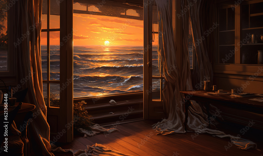 Poster a painting of a sunset over the ocean from a window. generative ai