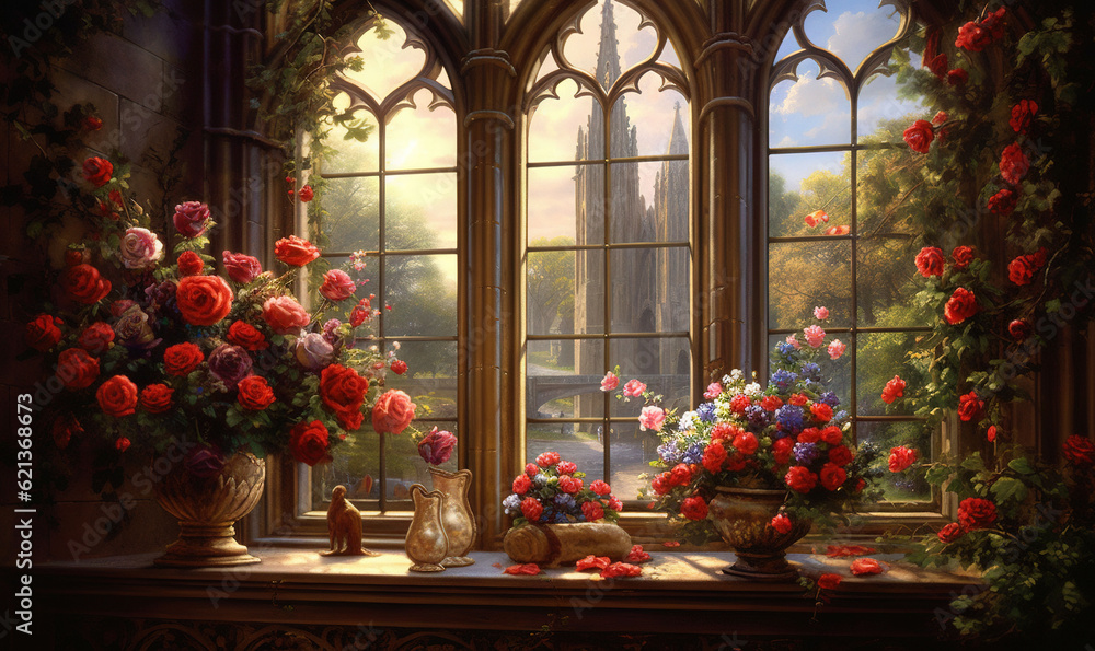 Poster a painting of flowers in vases on a window sill. generative ai