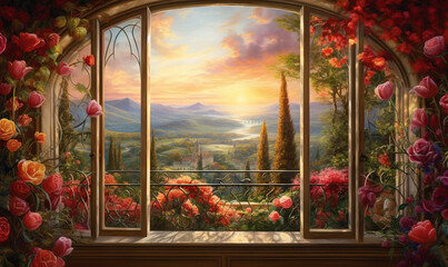  a painting of a window with a view of a beautiful landscape.  generative ai