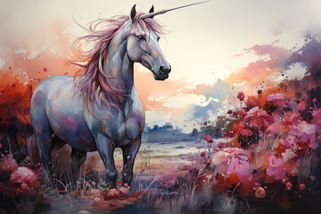 Obraz na płótnie Canvas A mystical watercolor magical unicorn floral amidst an enchanted forest, where the unicorn's presence ignites the growth of extraordinary flowers, their petals adorned, Generative Ai