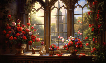 Fototapeta na wymiar a painting of flowers in vases on a window sill. generative ai