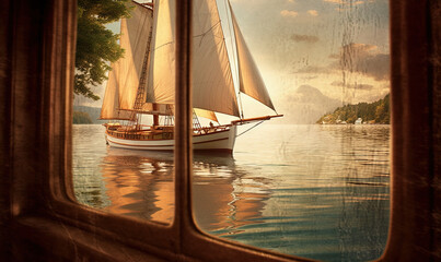  a sailboat is seen through a window of a house.  generative ai