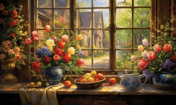  a painting of flowers and fruit on a window sill.  generative ai