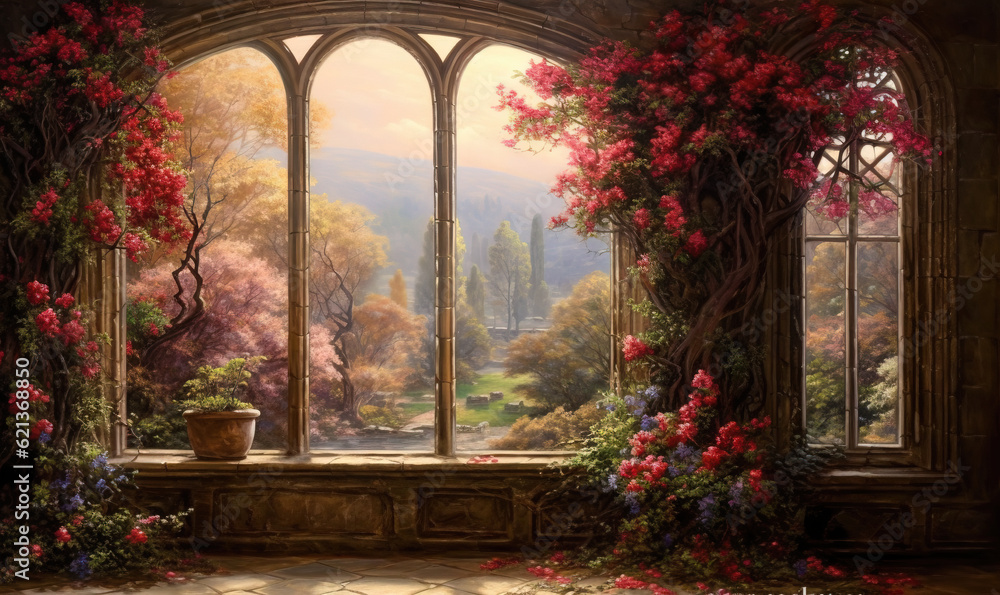 Poster a painting of a window with a view of a garden. generative ai