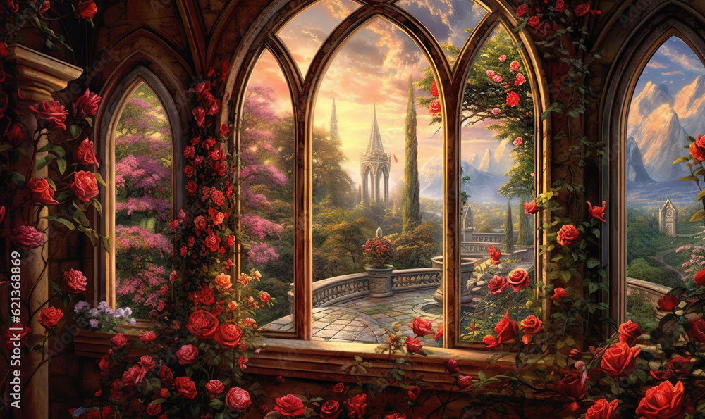 Poster a painting of a window with a view of a castle. generative ai