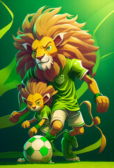 Naklejka premium Family of lions playing football dressed in green t-shirts. AI Generated