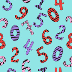 Pattern Figures, numbers doodle style drawings. Row of cartoon numbers collection. Birthday card design. Vector icons, illustration on white isolated background.