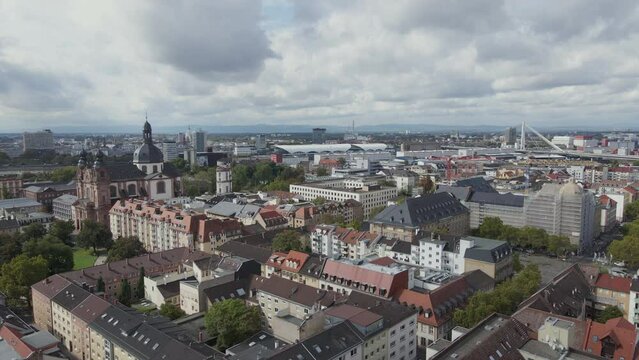 Flying over the city of Mannheim Germany toward the Rhine River
