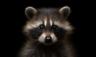Obraz premium a raccoon looking at the camera with a black background. generative ai