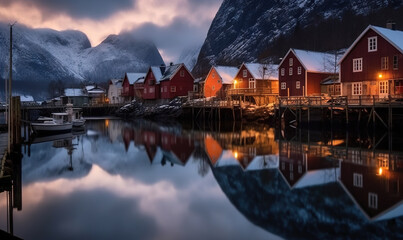 Fototapeta premium a group of red houses sitting on top of a body of water. generative ai