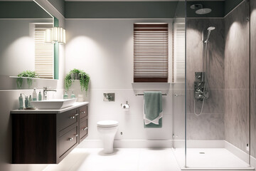 Obraz premium Luxury modern bathroom interior design with glass walk-in shower - Created with generative AI tools