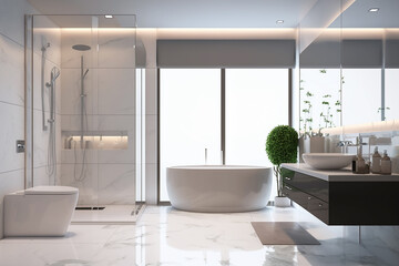 Naklejka na ściany i meble Luxury modern bathroom interior design with glass walk-in shower - Created with generative AI tools
