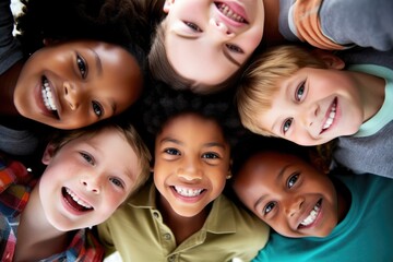Group of diverse Multiethnic children in a circle looking at the camera