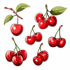 Cherry illustrations collection. Set of red cherries isolated on a white background. Design for textiles, children's literature, covers. AI generated