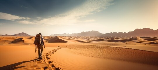 Explorer carrying a backpack walking through the desert from behind