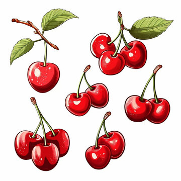 Cherry illustrations collection. Set of red cherries isolated on a white background. Design for textiles, children's literature, covers. AI generated